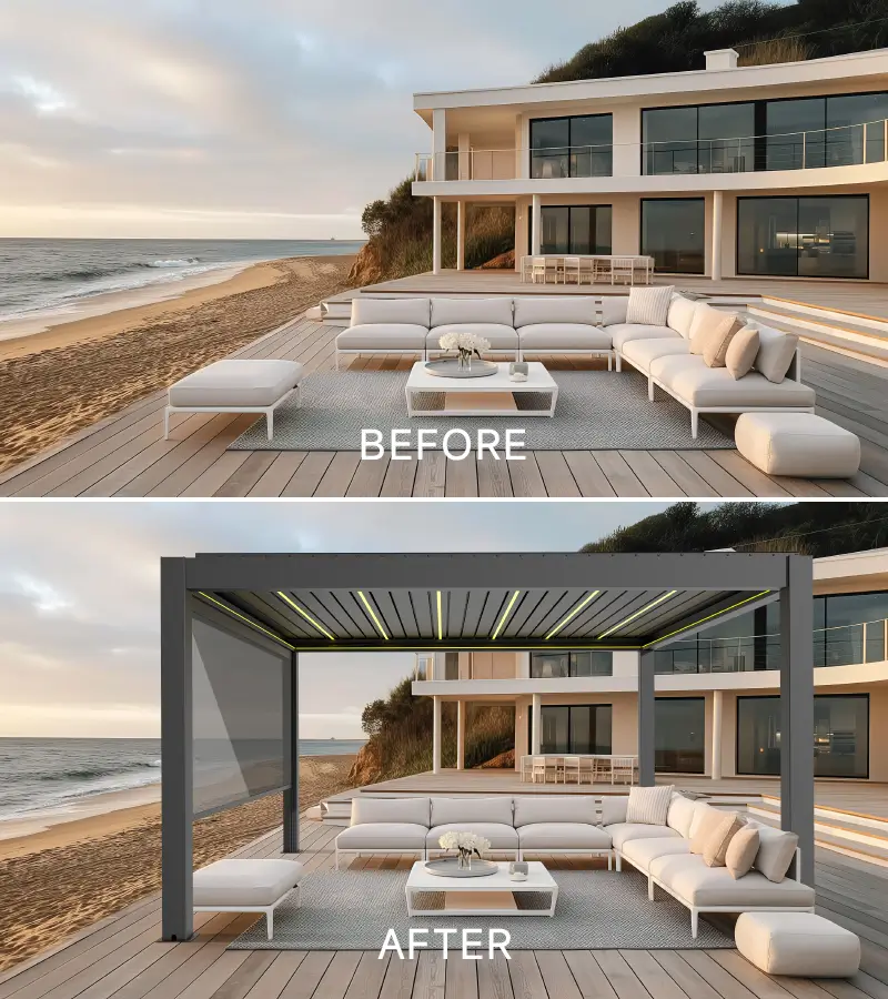Before and after comparison of using aluminum pergola