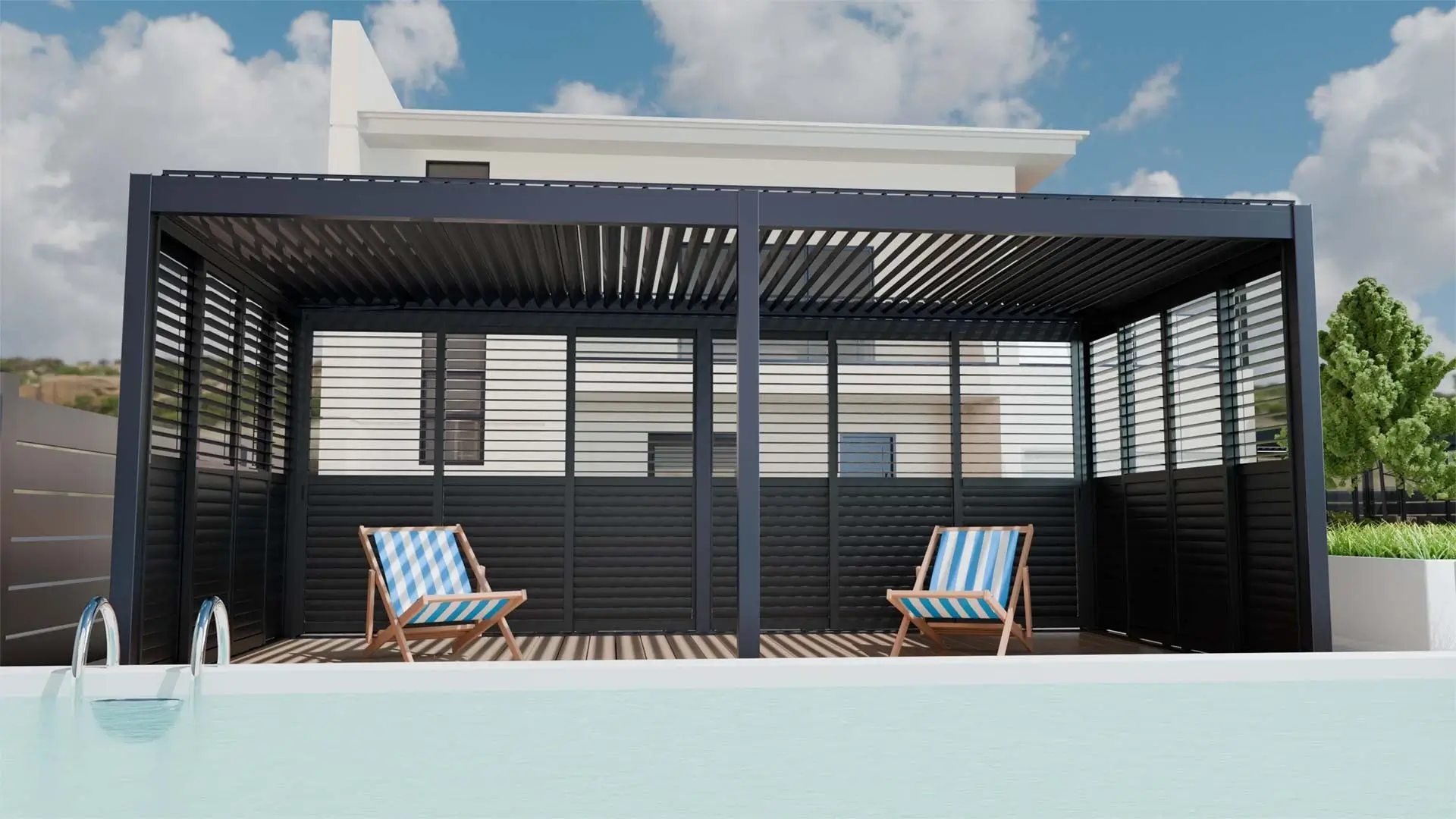 Modern pergola installed in a backyard patio providing shade and outdoor living space