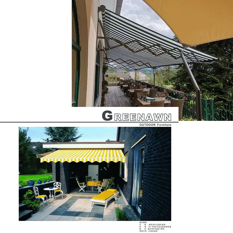 Founding team of YUEMEI Awning beside their first-generation factory, showcasing CEO Fang Guiping and the original aluminum retractable-arm awning prototype.